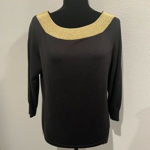 LAUREN by Ralph Lauren Sweater blouse.  Black with Gold Neck trim.  Size L